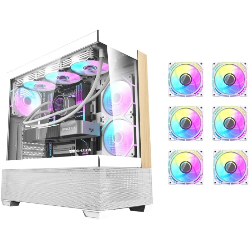 darkFlash DS900 Air 270° Panoramic ATX Gaming Case with 6 Pre-Installed ARGB Fans – White
