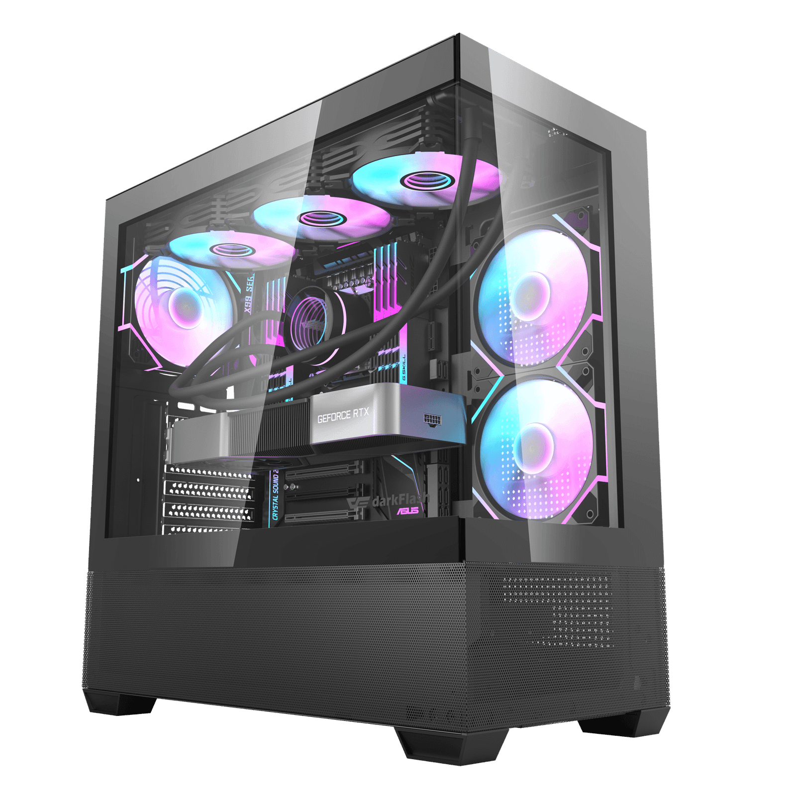 darkFlash DS900 Air 270° Panoramic ATX Gaming Case with 6 Pre-Installed ARGB Fans – Black