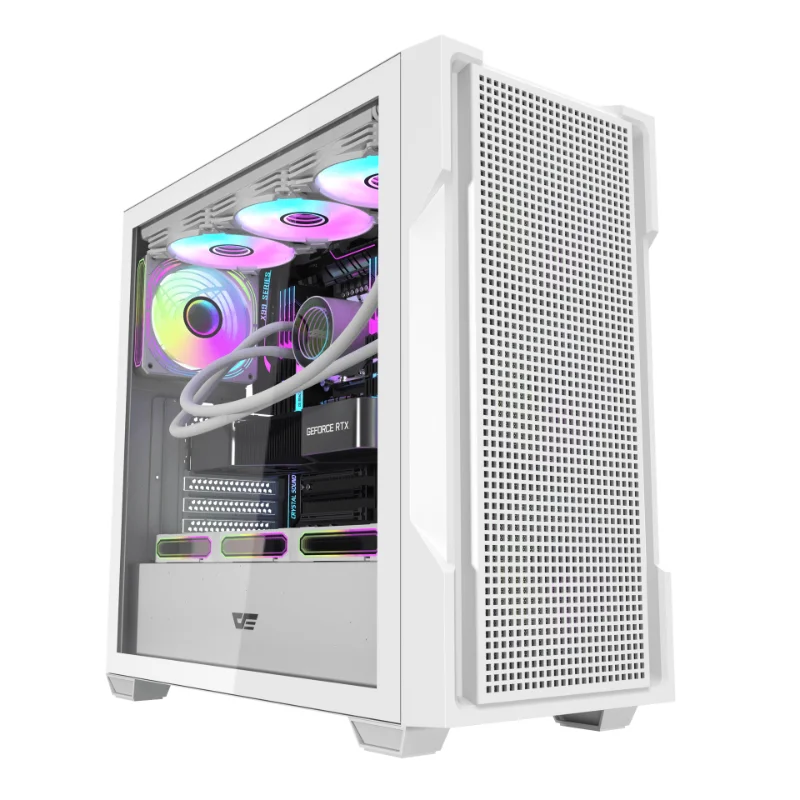 darkFlash DS900 Mesh High-Airflow ATX Gaming Case with 6 Pre-Installed ARGB Fans – White