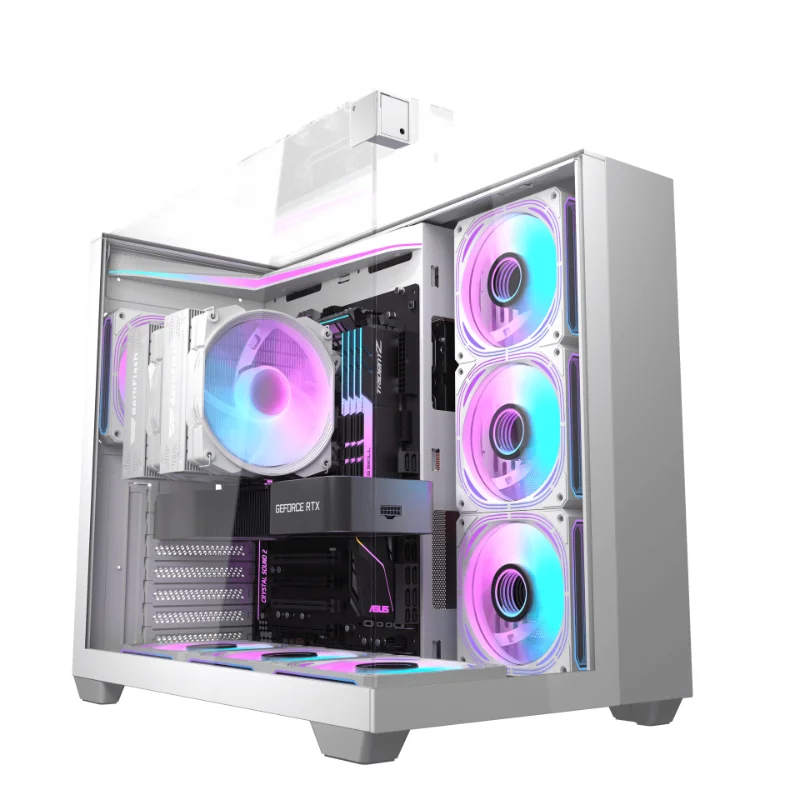 darkFlash TH285 Three-Sided Tempered Glass ATX Gaming Case with 4 ARGB Fans – White