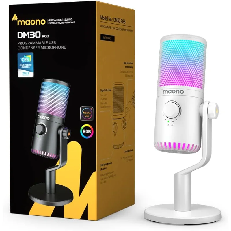 MAONO DM30RGB Programmable RGB USB Condenser Gaming Microphone – White