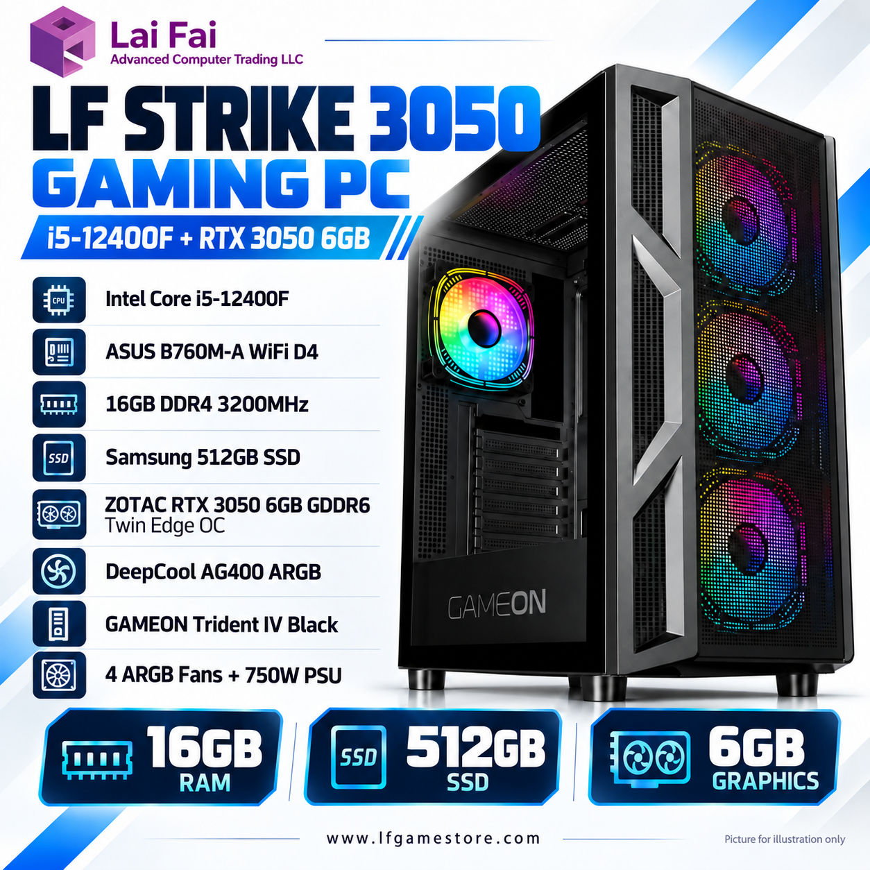 LF STRIKE 3050 Gaming PC | Intel Core i5-12400F | RTX 3050 6GB | 16GB RAM | 512GB SSD