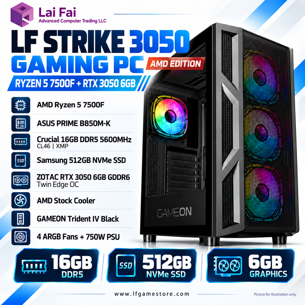 LF STRIKE 3050 AMD Edition Gaming PC | Ryzen 5 7500F | RTX 3050 6GB | 16GB DDR5 | 512GB NVMe SSD